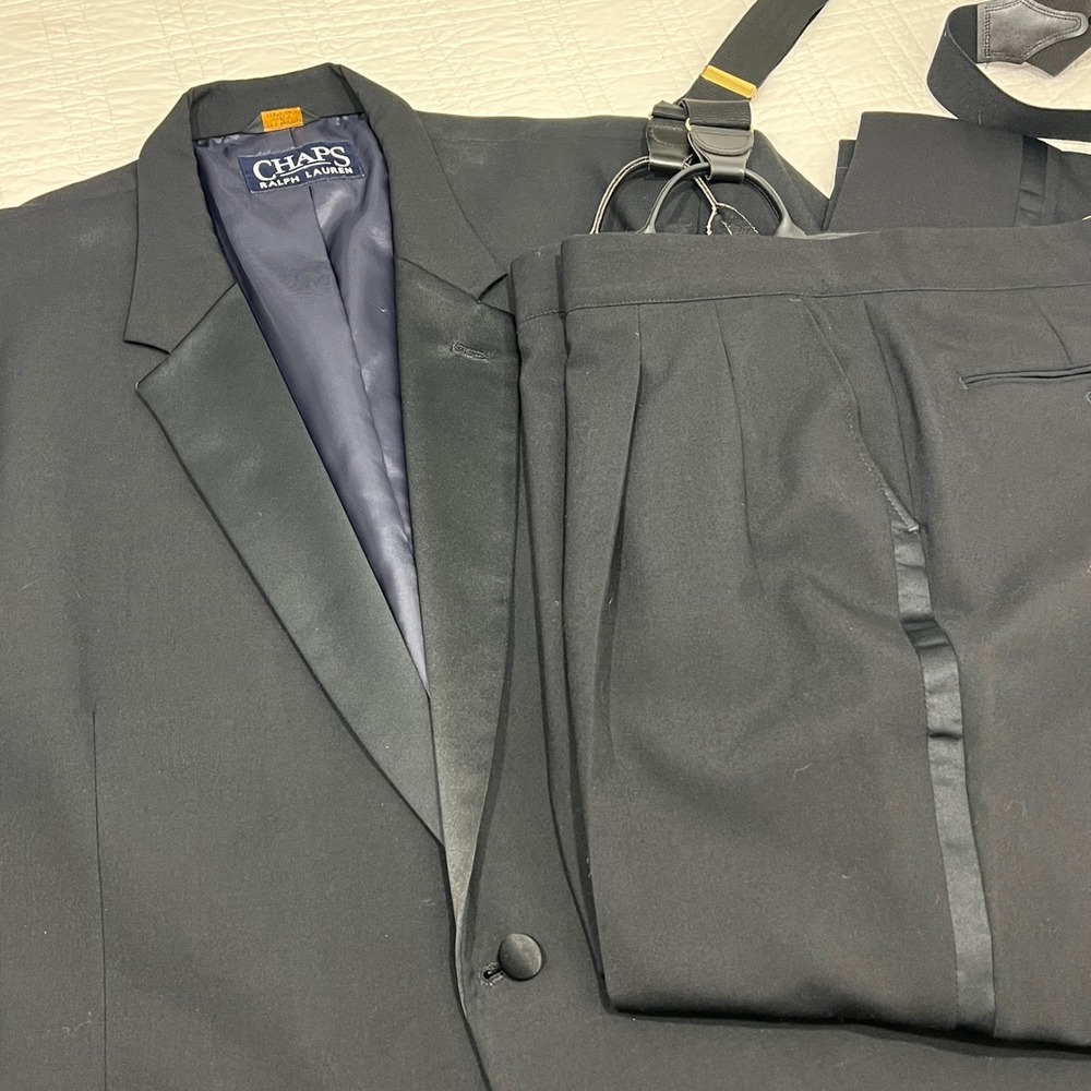 Chaps Ralph Lauren Mens 50R Black 100% Wool 2-Piece Tuxedo Suit Pleated Pants 39